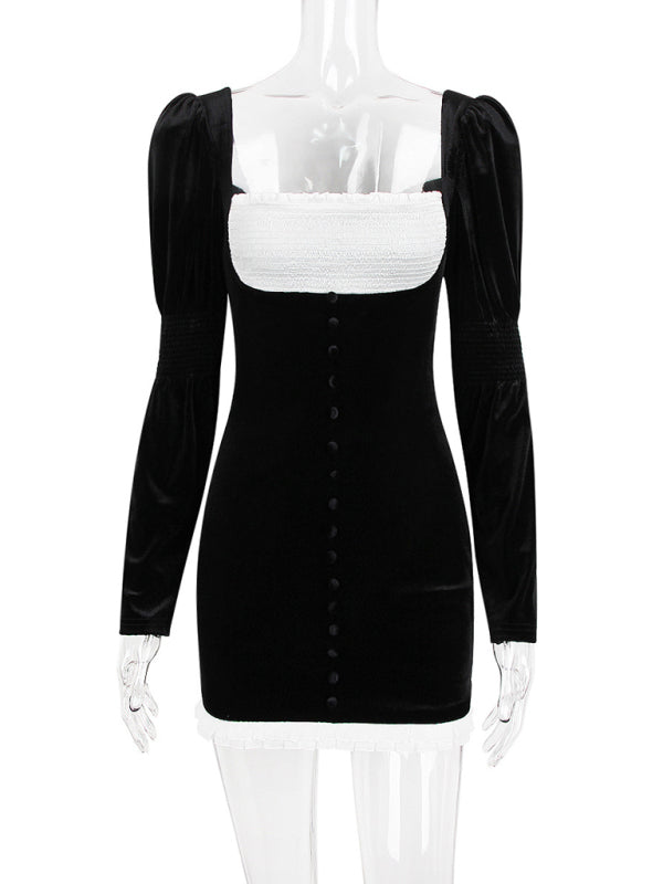 Long-sleeved square-neck gold velvet bodycon mini dress kakaclo