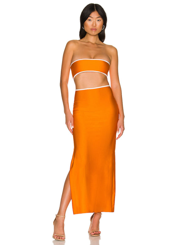 Backless hollow strapless long dress with hip covering kakaclo