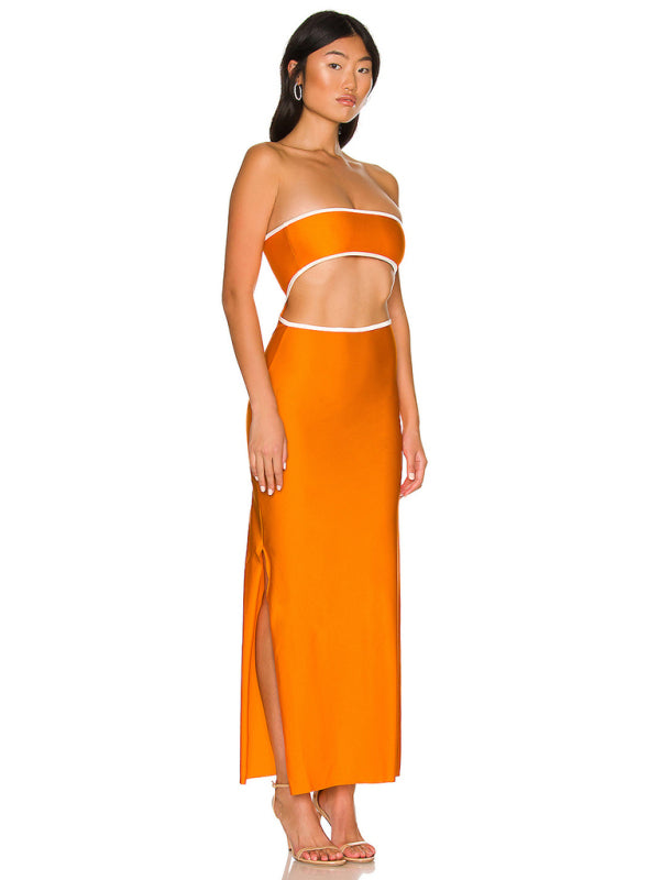 Backless hollow strapless long dress with hip covering kakaclo