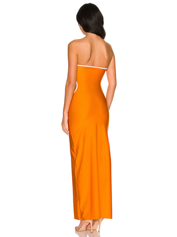Backless hollow strapless long dress with hip covering kakaclo