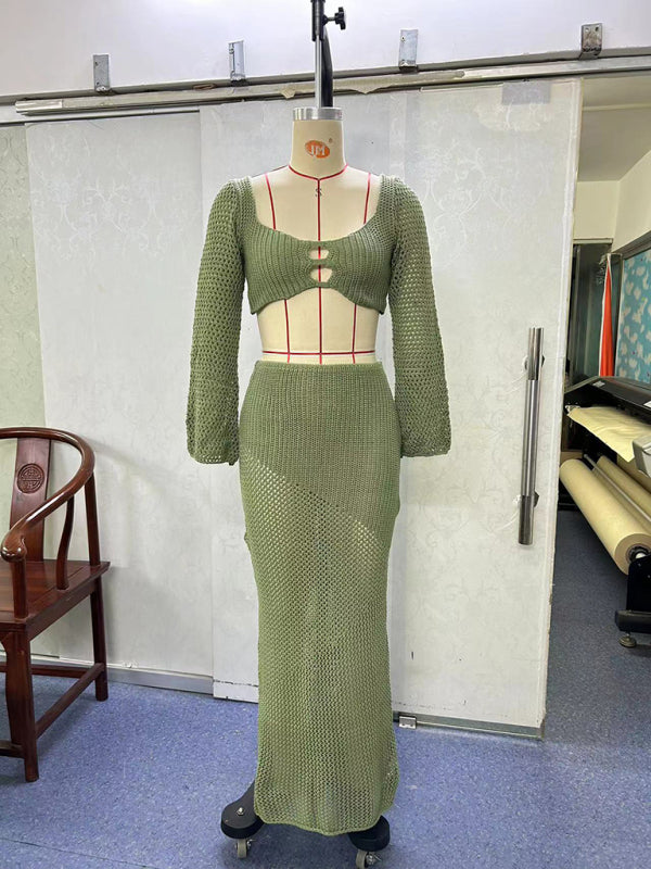 Tie long sleeve hip-hugging casual knitted maxi skirt suit kakaclo