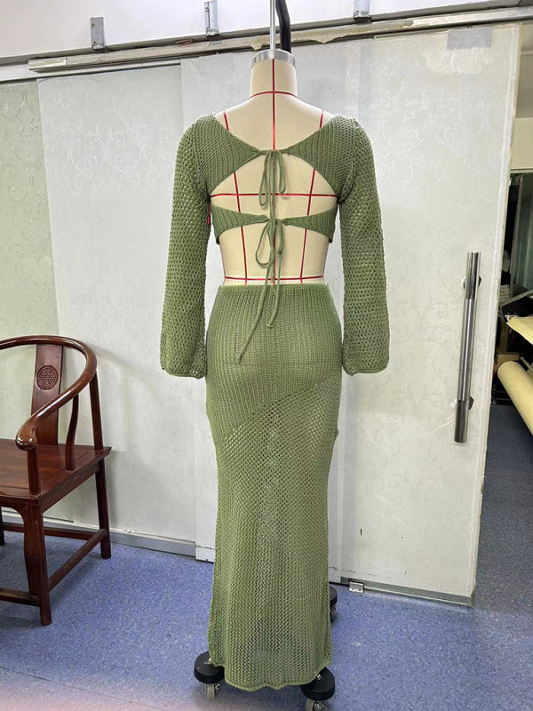 Tie long sleeve hip-hugging casual knitted maxi skirt suit kakaclo