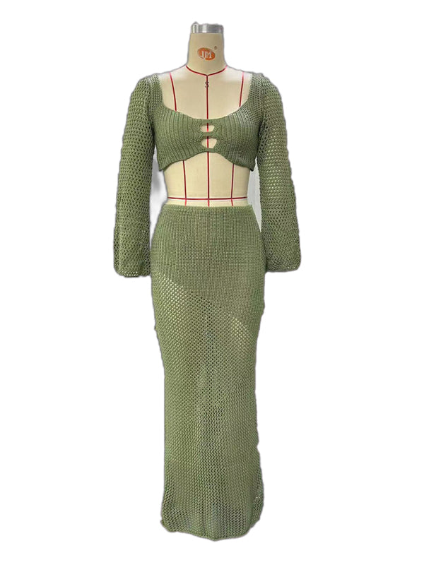 Tie long sleeve hip-hugging casual knitted maxi skirt suit kakaclo