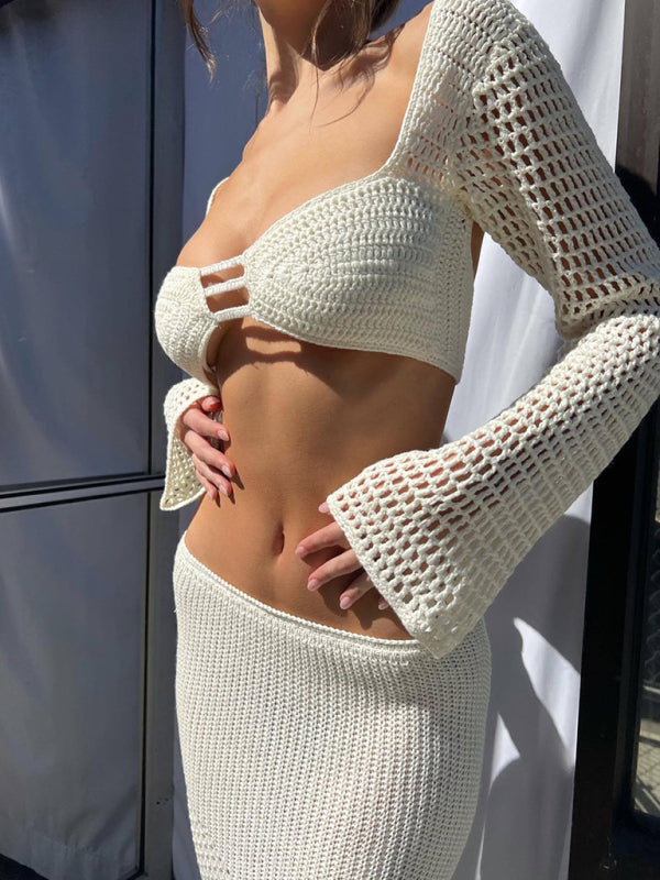 Tie long sleeve hip-hugging casual knitted maxi skirt suit kakaclo