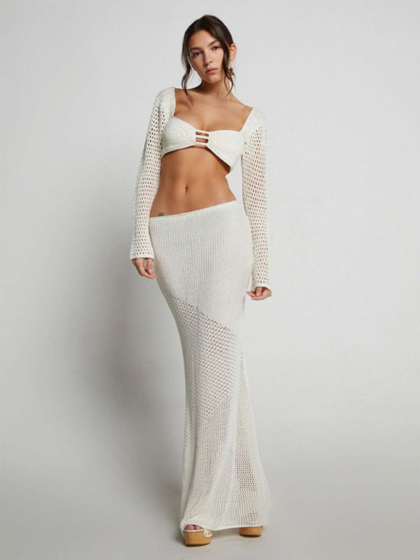 Tie long sleeve hip-hugging casual knitted maxi skirt suit kakaclo