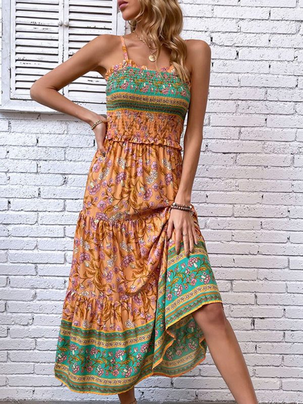 New women's casual holiday bohemian floral print suspender dress kakaclo