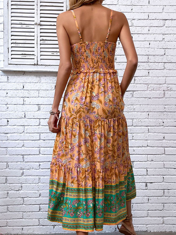New women's casual holiday bohemian floral print suspender dress kakaclo