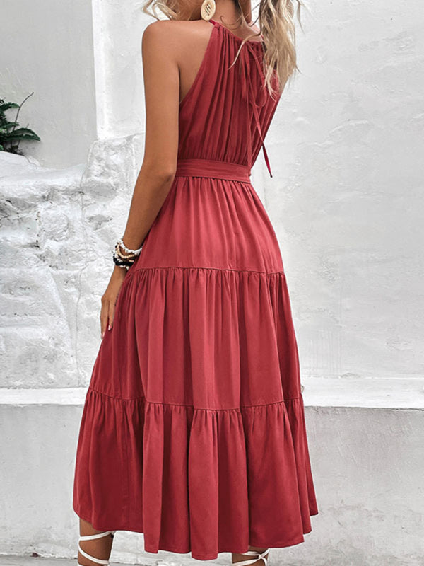 New fashionable women's halterneck solid color mid-length dress kakaclo