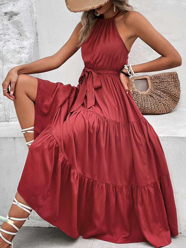 New fashionable women's halterneck solid color mid-length dress kakaclo