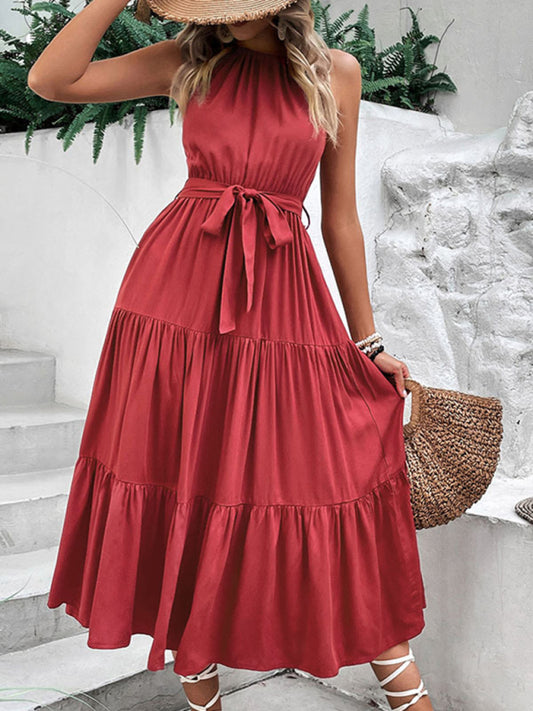 New fashionable women's halterneck solid color mid-length dress kakaclo