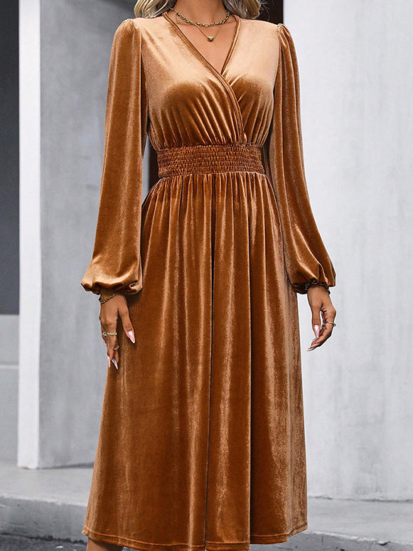 Women's elegant commuting V-neck pleated high-waisted long dress kakaclo