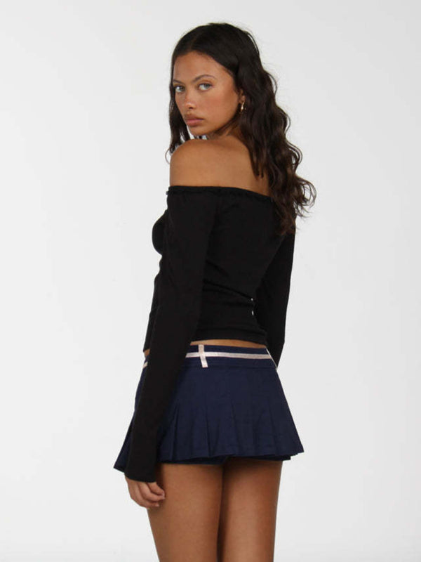 New women's off-shoulder lace bow long-sleeved T-shirt kakaclo