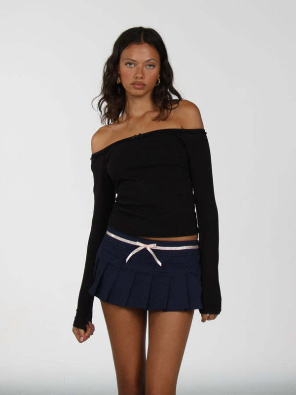New women's off-shoulder lace bow long-sleeved T-shirt kakaclo