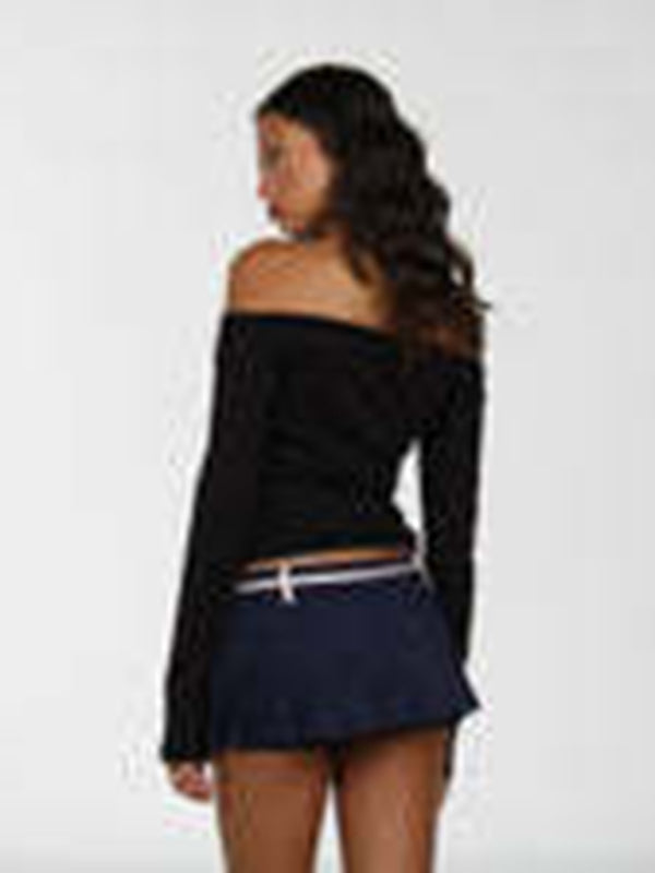 New women's off-shoulder lace bow long-sleeved T-shirt kakaclo