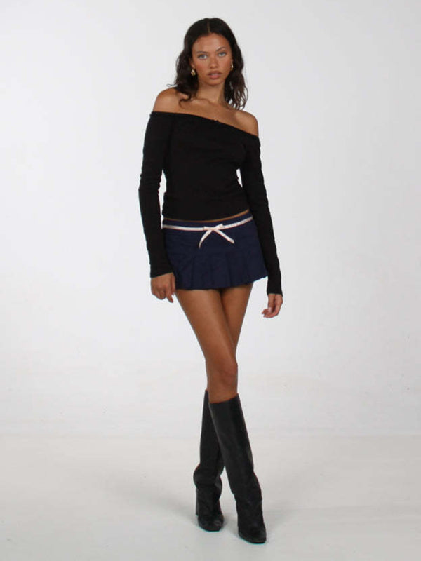 New women's off-shoulder lace bow long-sleeved T-shirt kakaclo