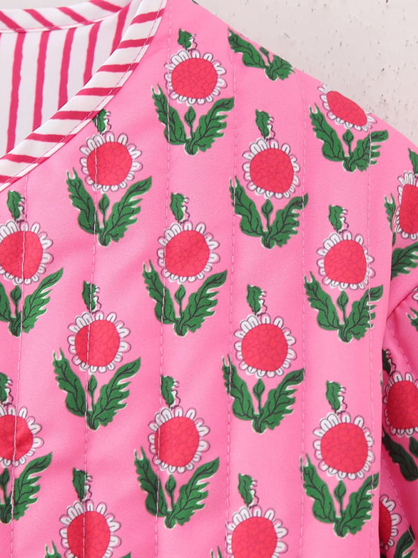 Blue Zone Planet | Pink casual versatile round neck long sleeve loose printed coat BLUE ZONE PLANET