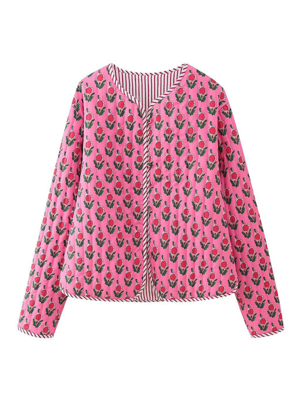 Blue Zone Planet | Pink casual versatile round neck long sleeve loose printed coat BLUE ZONE PLANET