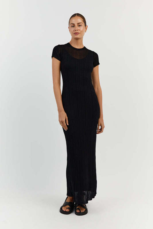 New women's see-through casual waist-cinching round neck large pit strip knitted dress kakaclo