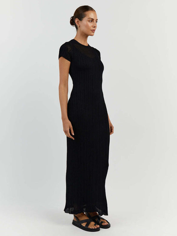 New women's see-through casual waist-cinching round neck large pit strip knitted dress kakaclo