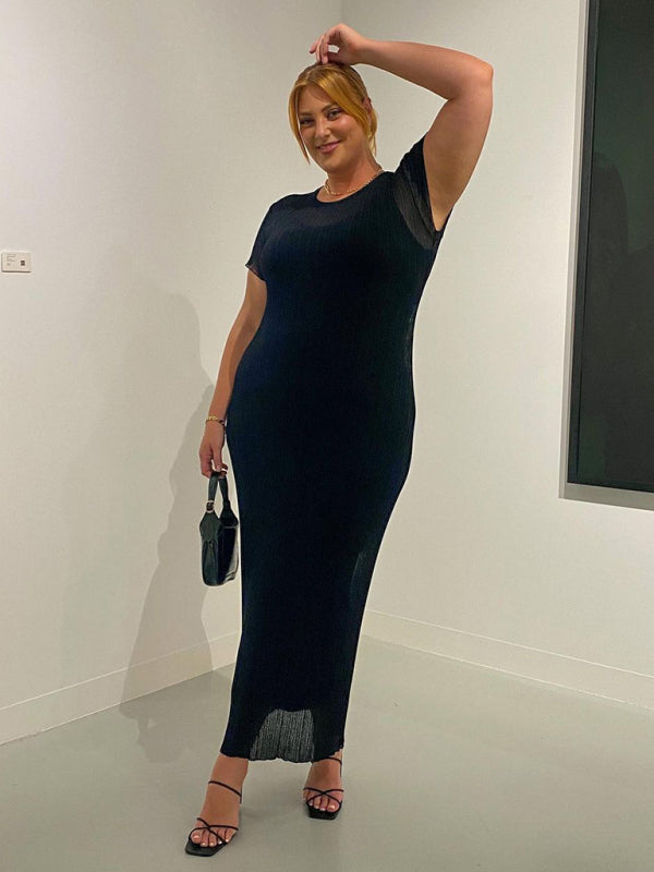 New women's see-through casual waist-cinching round neck large pit strip knitted dress kakaclo