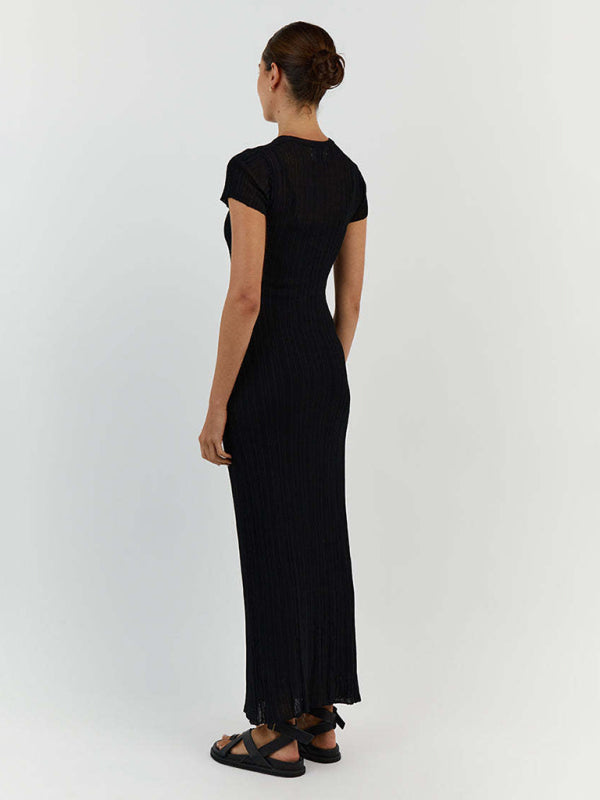 New women's see-through casual waist-cinching round neck large pit strip knitted dress kakaclo
