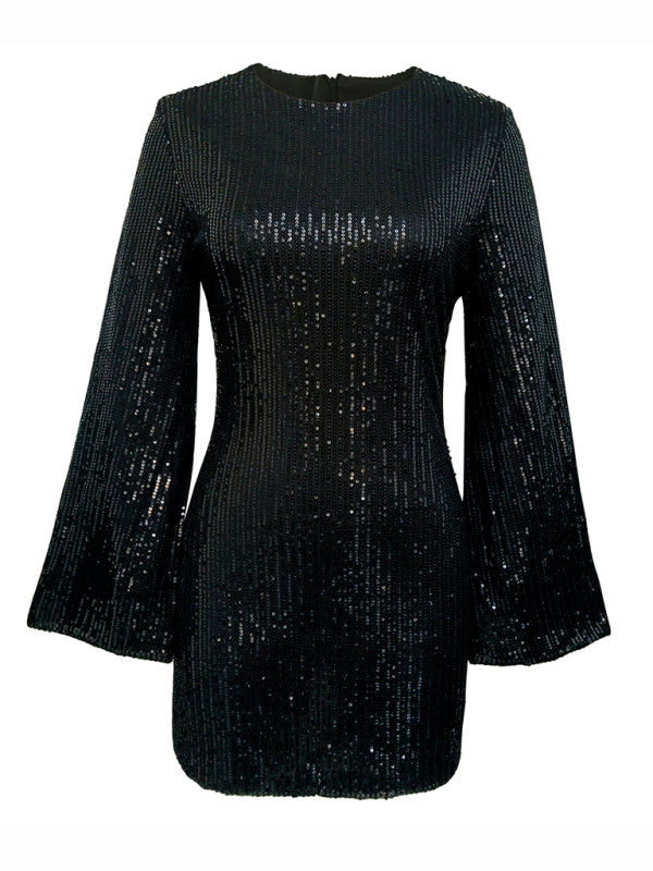 Blue Zone Planet | Women's sequin bell sleeve fashionable casual shiny dress kakaclo