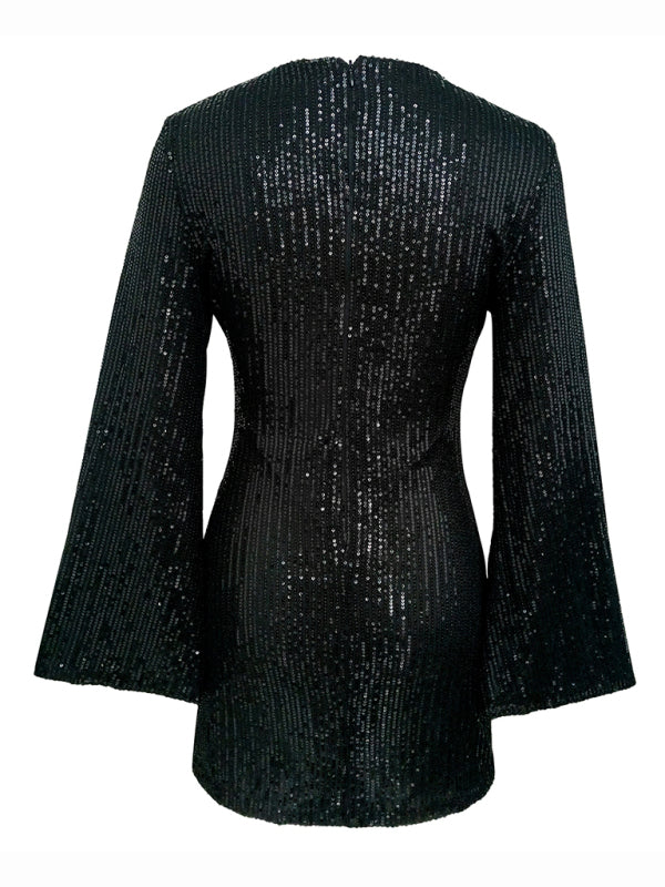 Blue Zone Planet | Women's sequin bell sleeve fashionable casual shiny dress kakaclo