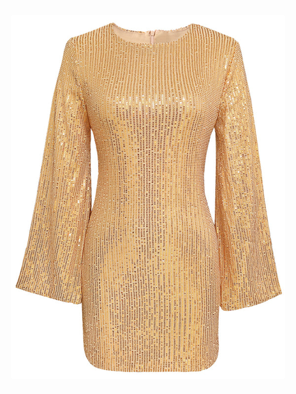 Blue Zone Planet | Women's sequin bell sleeve fashionable casual shiny dress kakaclo
