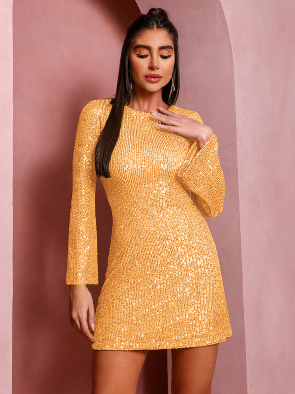 Blue Zone Planet | Women's sequin bell sleeve fashionable casual shiny dress kakaclo