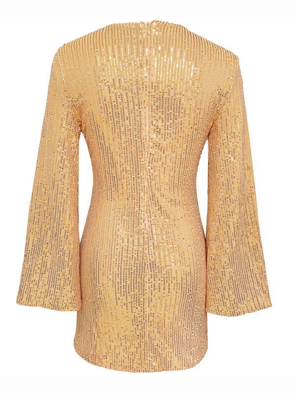 Blue Zone Planet | Women's sequin bell sleeve fashionable casual shiny dress kakaclo