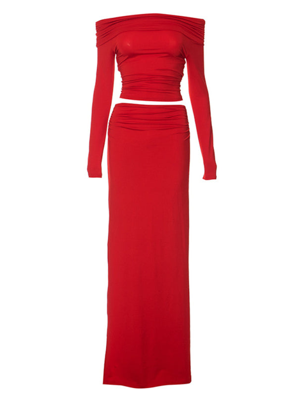Blue Zone Planet | New sexy one-shoulder long-sleeved top and skirt suit kakaclo