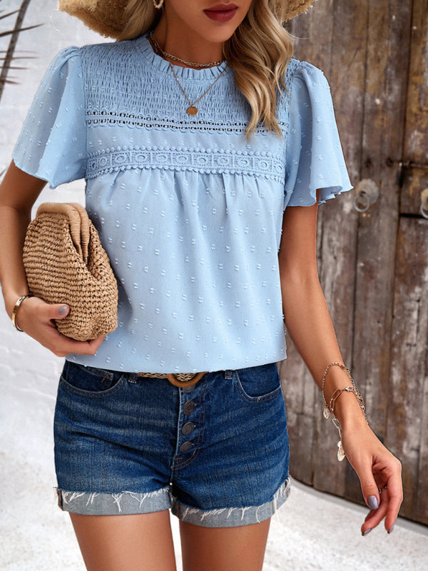 Angelina's solid color short-sleeved lace blouse BLUE ZONE PLANET