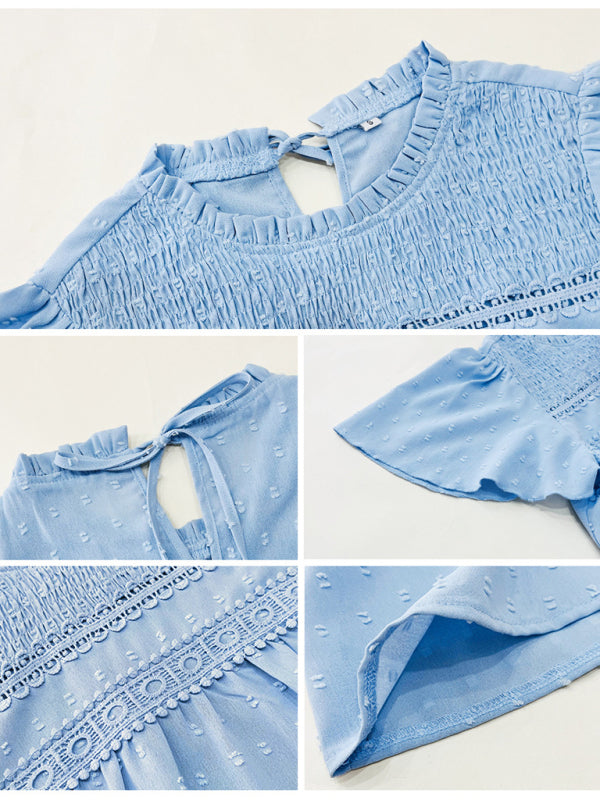 Angelina's solid color short-sleeved lace blouse BLUE ZONE PLANET