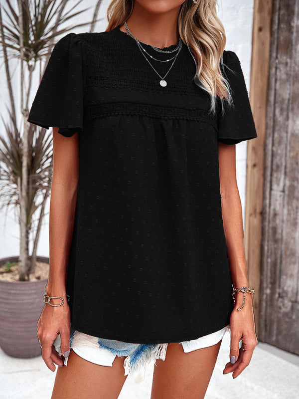 Angelina's solid color short-sleeved lace blouse BLUE ZONE PLANET