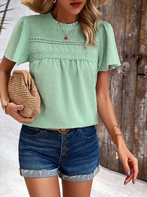 Angelina's solid color short-sleeved lace blouse BLUE ZONE PLANET