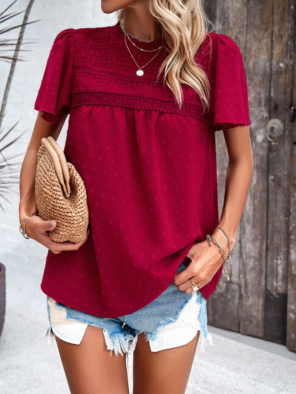 Angelina's solid color short-sleeved lace blouse BLUE ZONE PLANET