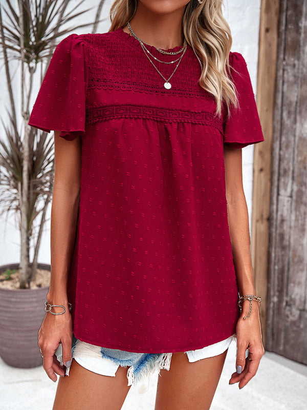 Angelina's solid color short-sleeved lace blouse BLUE ZONE PLANET