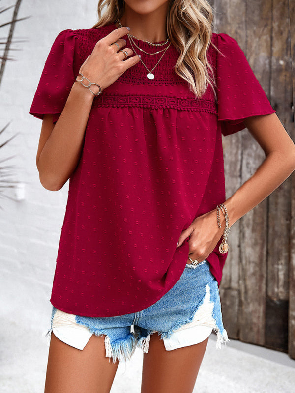 Angelina's solid color short-sleeved lace blouse BLUE ZONE PLANET