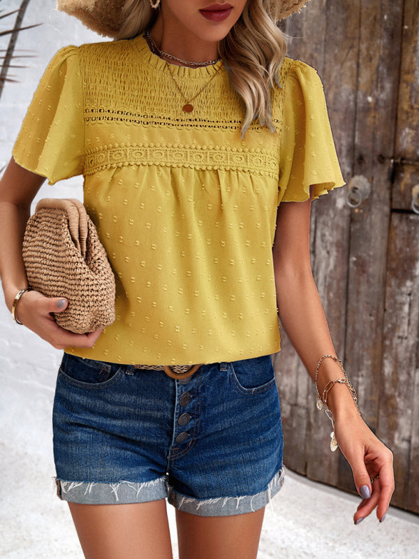 Angelina's solid color short-sleeved lace blouse BLUE ZONE PLANET