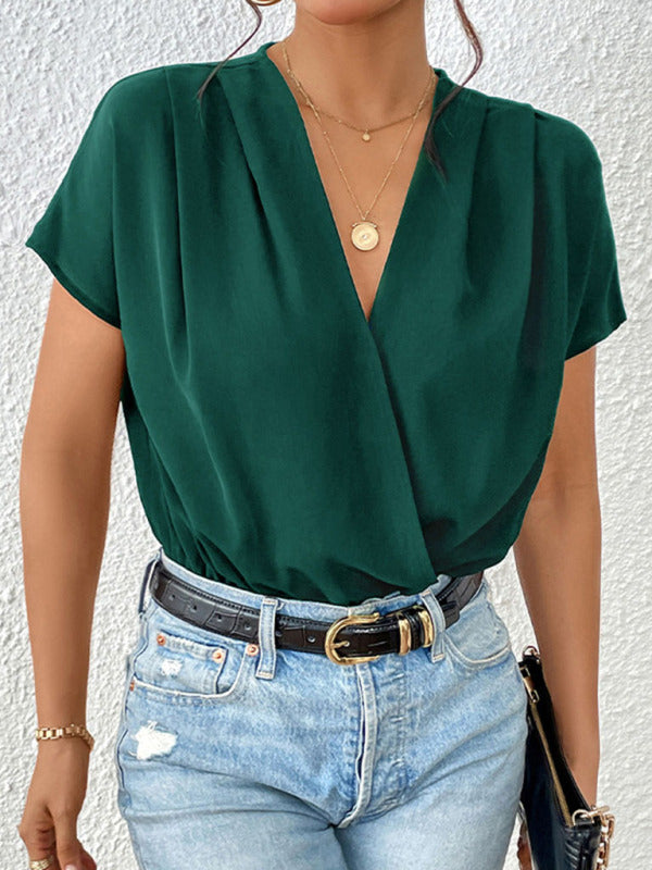 V-neck pleated dropped shoulder elegant bodysuit kakaclo