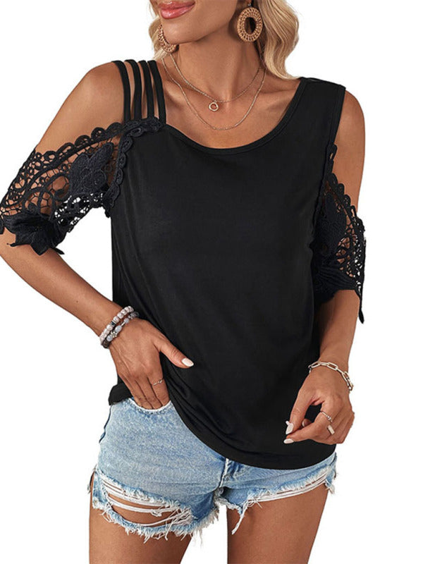 Women's lace patchwork knitted top with off-shoulder sleeves kakaclo