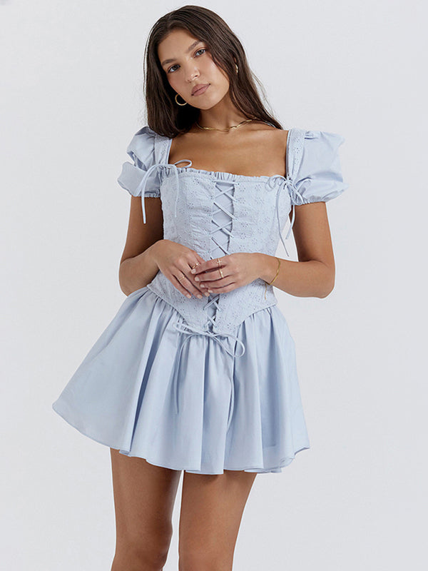 Blue Zone Planet | Puff Sleeve Square Neck Corset Princess Skirt Two-piece Dress kakaclo