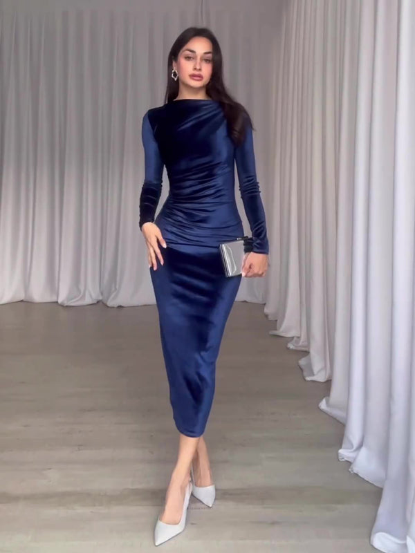 Blue Zone Planet | New Fashion Solid Color Slim Fit Pleated Round Neck Long Sleeve Dress kakaclo