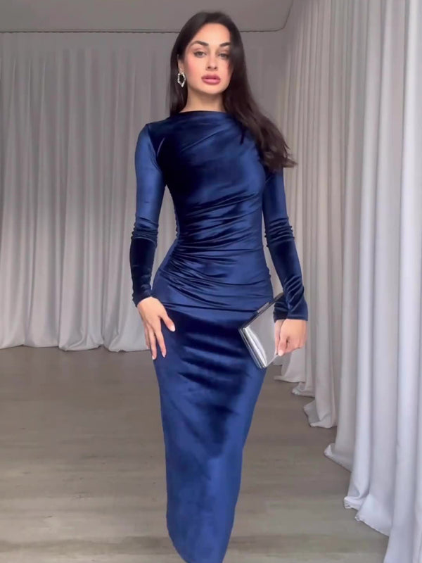 Blue Zone Planet | New Fashion Solid Color Slim Fit Pleated Round Neck Long Sleeve Dress kakaclo