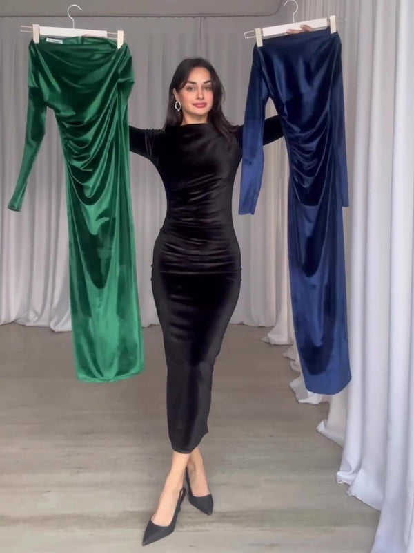 Blue Zone Planet | New Fashion Solid Color Slim Fit Pleated Round Neck Long Sleeve Dress kakaclo