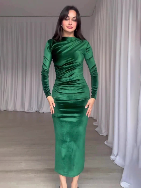 Blue Zone Planet | New Fashion Solid Color Slim Fit Pleated Round Neck Long Sleeve Dress kakaclo