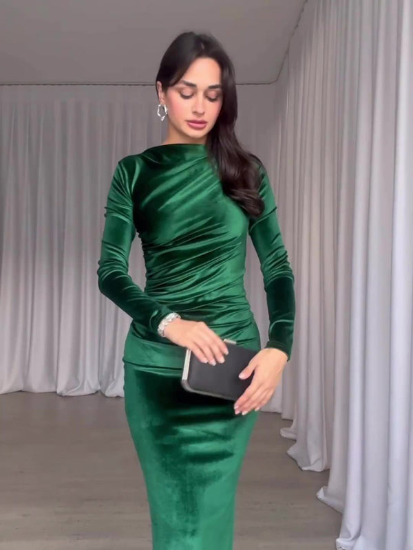 Blue Zone Planet | New Fashion Solid Color Slim Fit Pleated Round Neck Long Sleeve Dress kakaclo