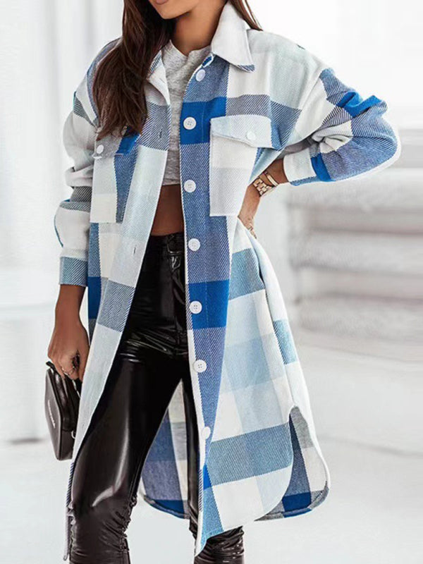 Blue Zone Planet | Women's new color flannel plaid long windbreaker fashionable shirt woolen jacket kakaclo
