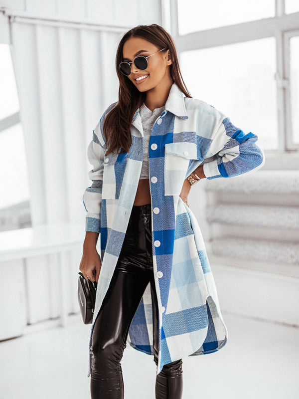 Blue Zone Planet | Women's new color flannel plaid long windbreaker fashionable shirt woolen jacket kakaclo