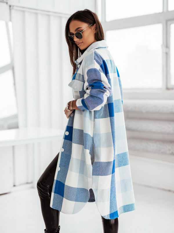 Blue Zone Planet | Women's new color flannel plaid long windbreaker fashionable shirt woolen jacket kakaclo